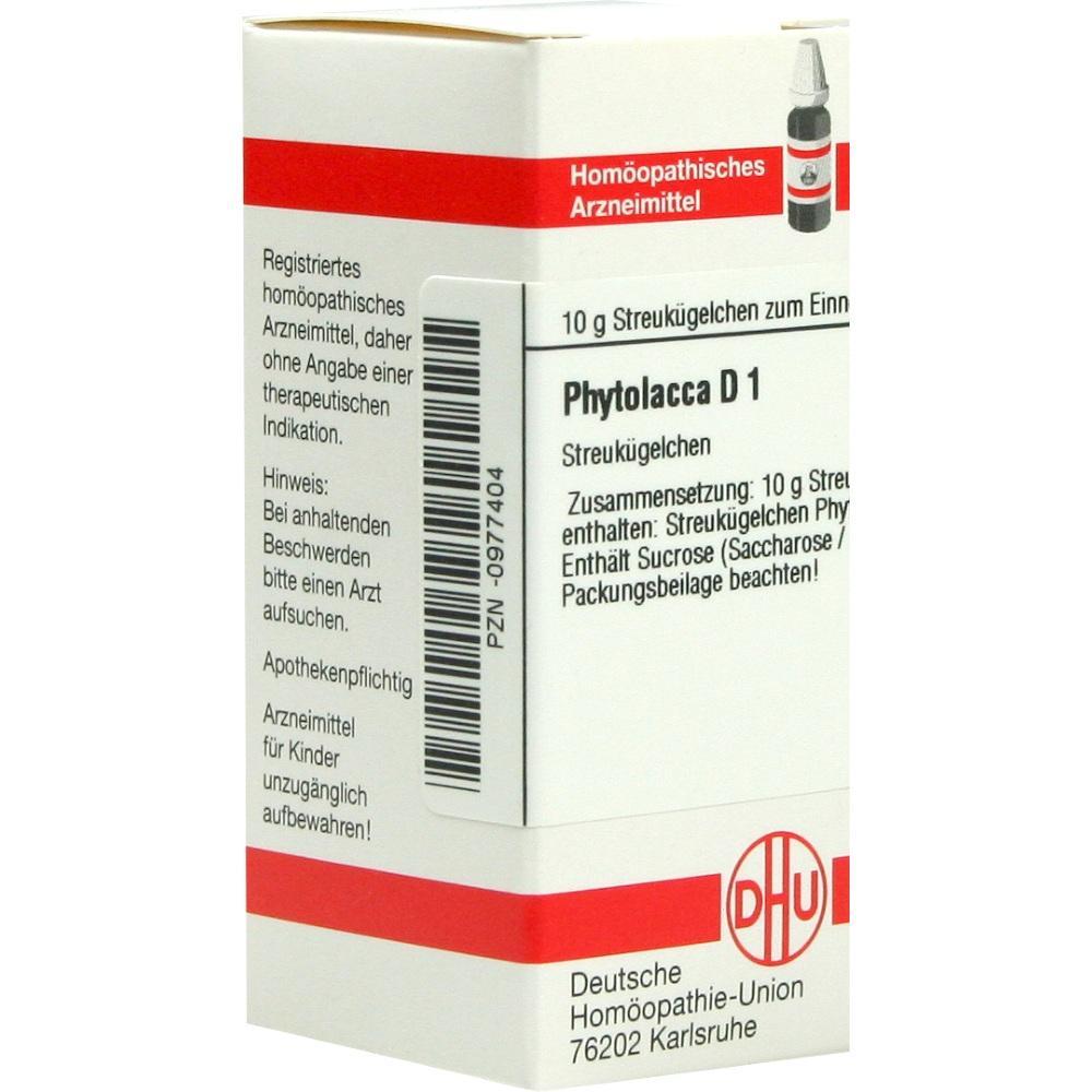 Weiße Schachtel mit der Aufschrift "Phytolacca D1" von der Deutschen Homöopathie-Union.