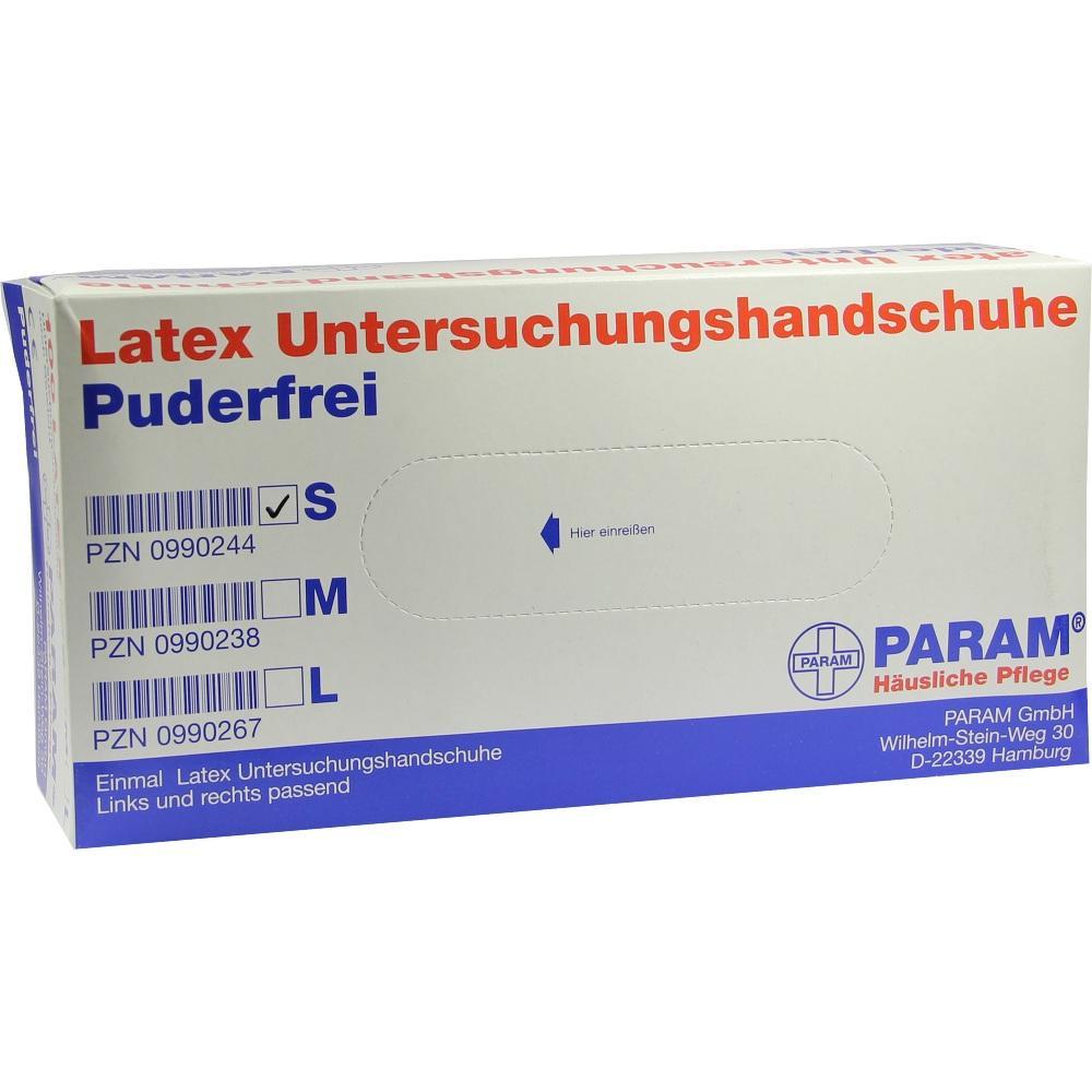Eine Packung puderfreier Latex-Untersuchungshandschuhe in verschiedenen Größen.