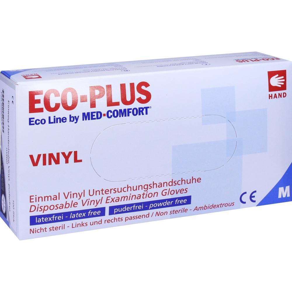Eine Packung mit Einmal-Vinyl-Handschuhen der Marke Eco-Plus von MED-COMFORT.