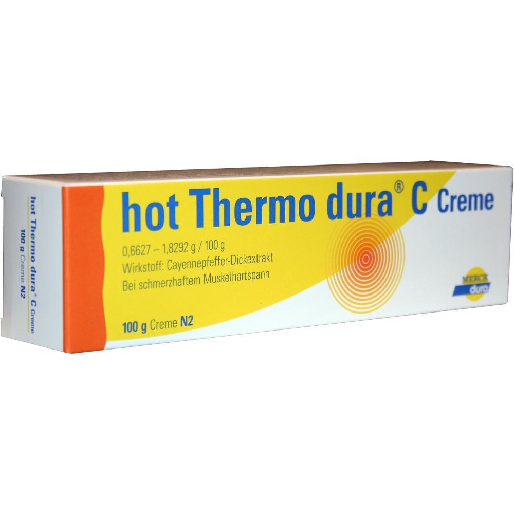 Eine gelb-wei&szlig;e Schachtel mit der Aufschrift "hot Thermo dura C Creme".