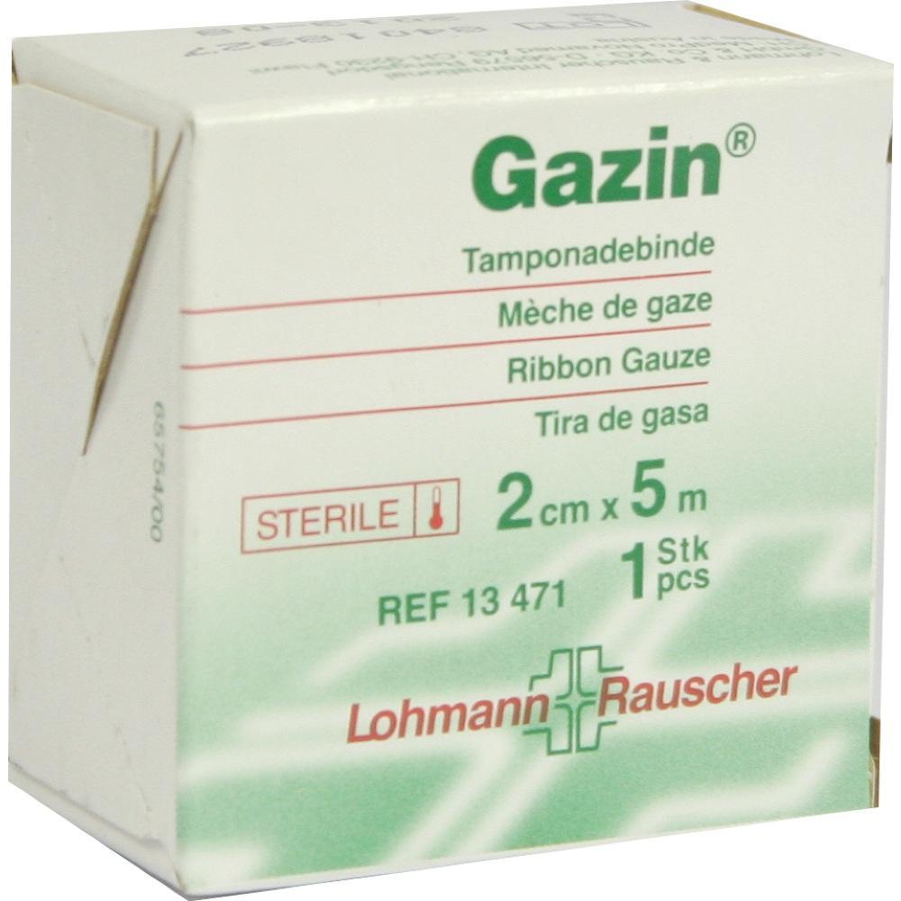 Eine gr&uuml;n-wei&szlig;e Schachtel mit steriler Tamponadebinde der Marke Gazin.