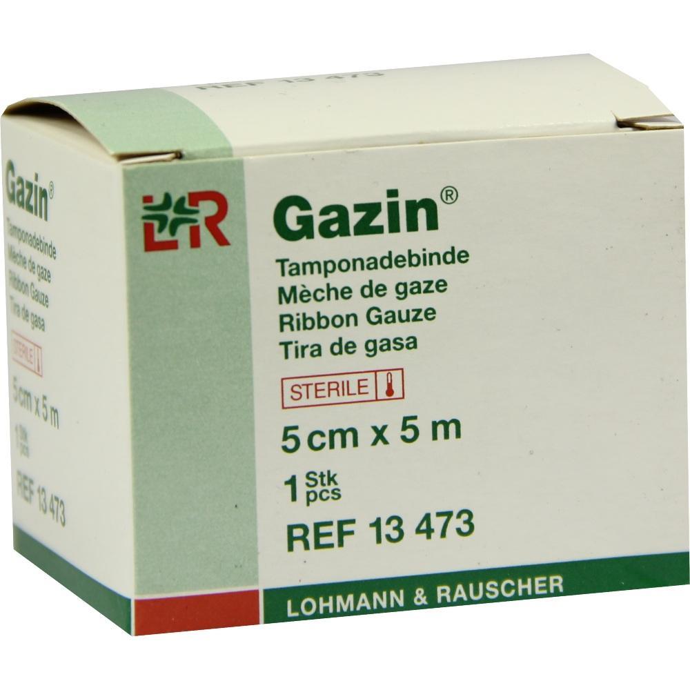 Eine Schachtel mit Gazin Tamponadebinde, 5 cm x 5 m, von der Marke Lohmann & Rauscher.