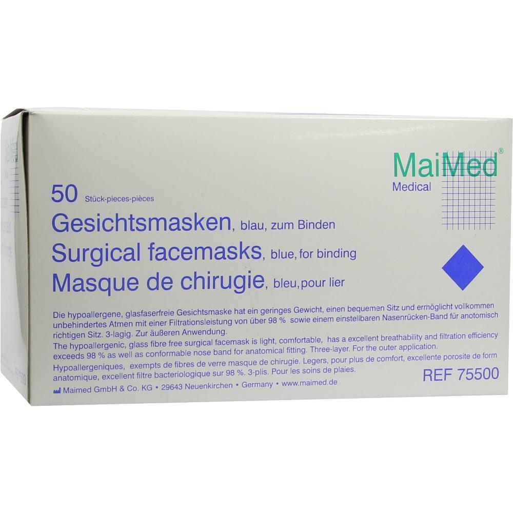 Eine Verpackung mit 50 blauen Gesichtsmasken zum Binden.