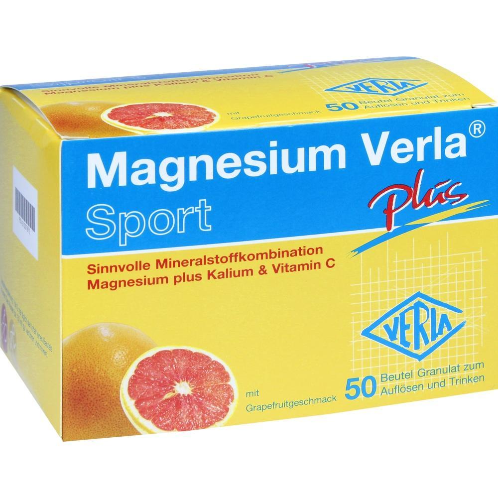 Gelbe Packung "Magnesium Verla Plus Sport" mit Grapefruitgeschmack.
