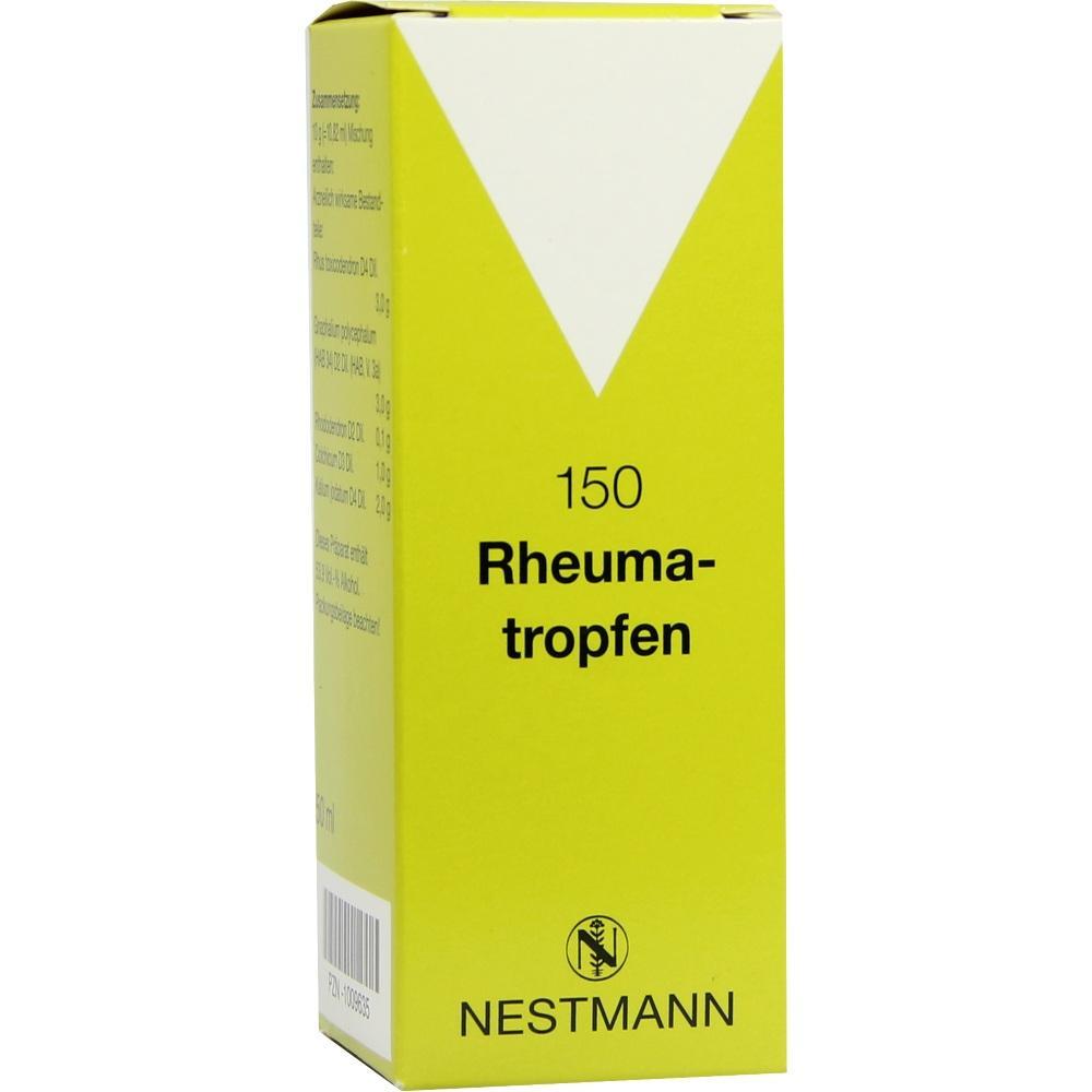Gelbe Verpackung mit der Aufschrift "Rheumatropfen" von Nestmann.