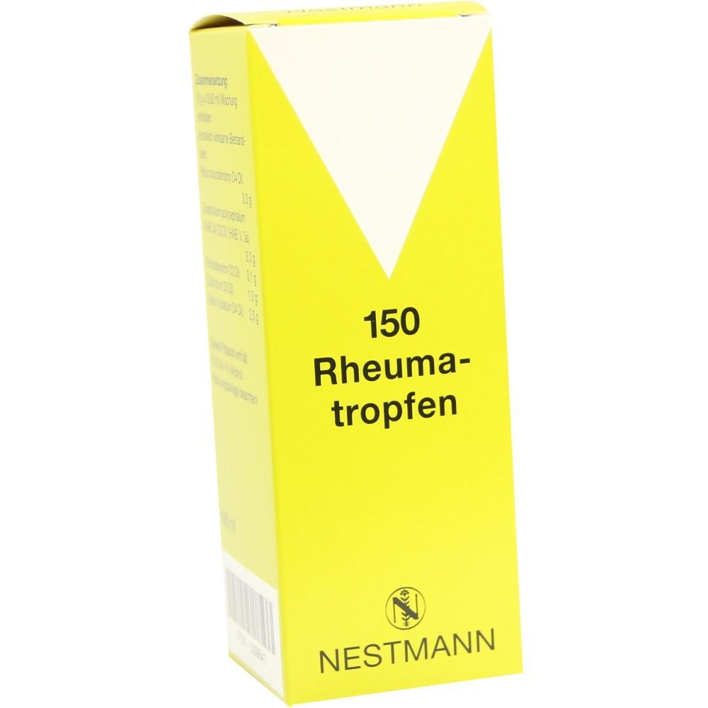 Gelbe Verpackung von Nestmann mit der Aufschrift "150 Rheumatropfen".