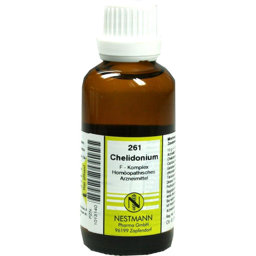 Braune Flasche mit weißem Deckel, darauf steht "Chelidonium" und es ist ein homöopathisches Mittel.