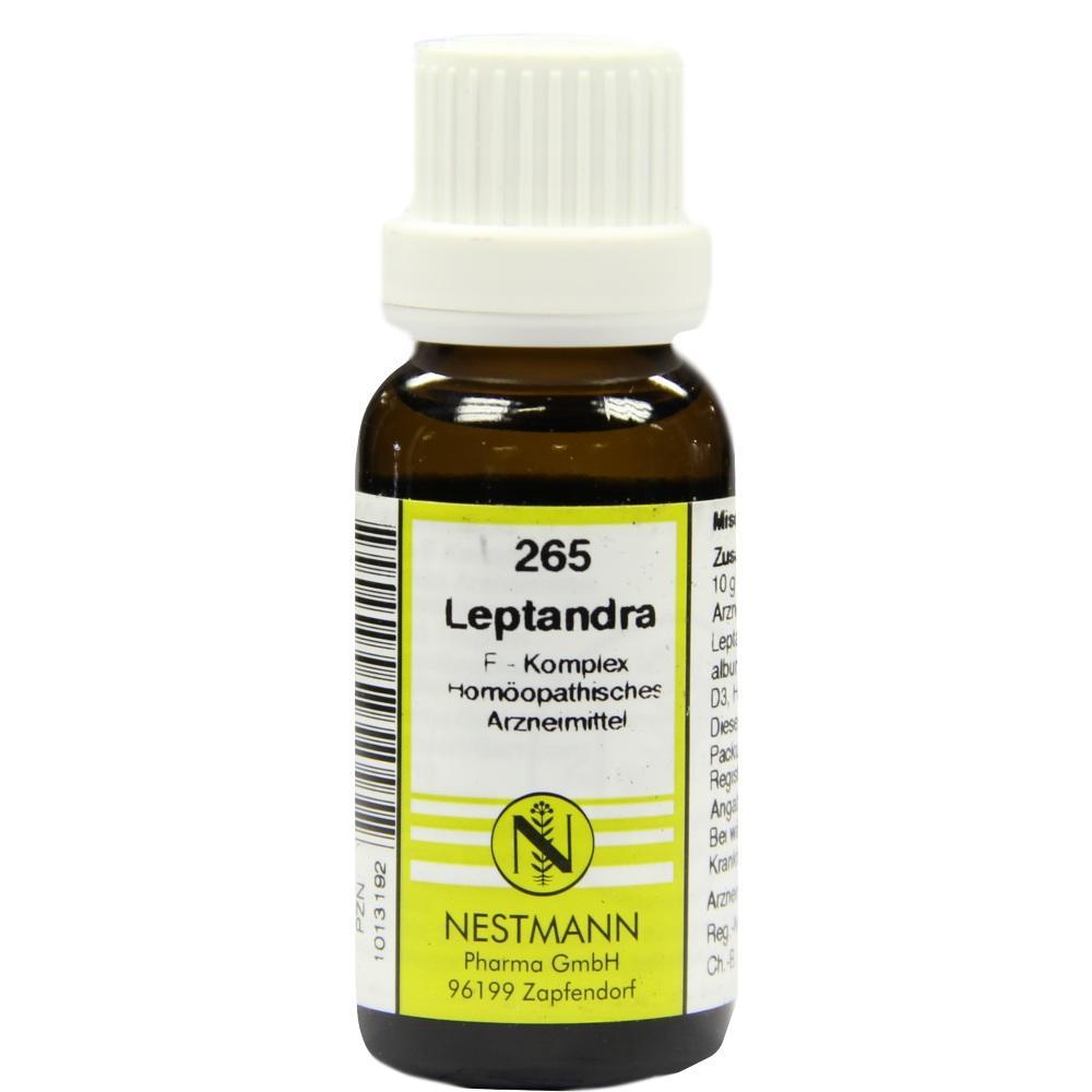 Braunes Fläschchen mit weißem Deckel und Etikett "Leptandra, homöopathisches Arzneimittel".