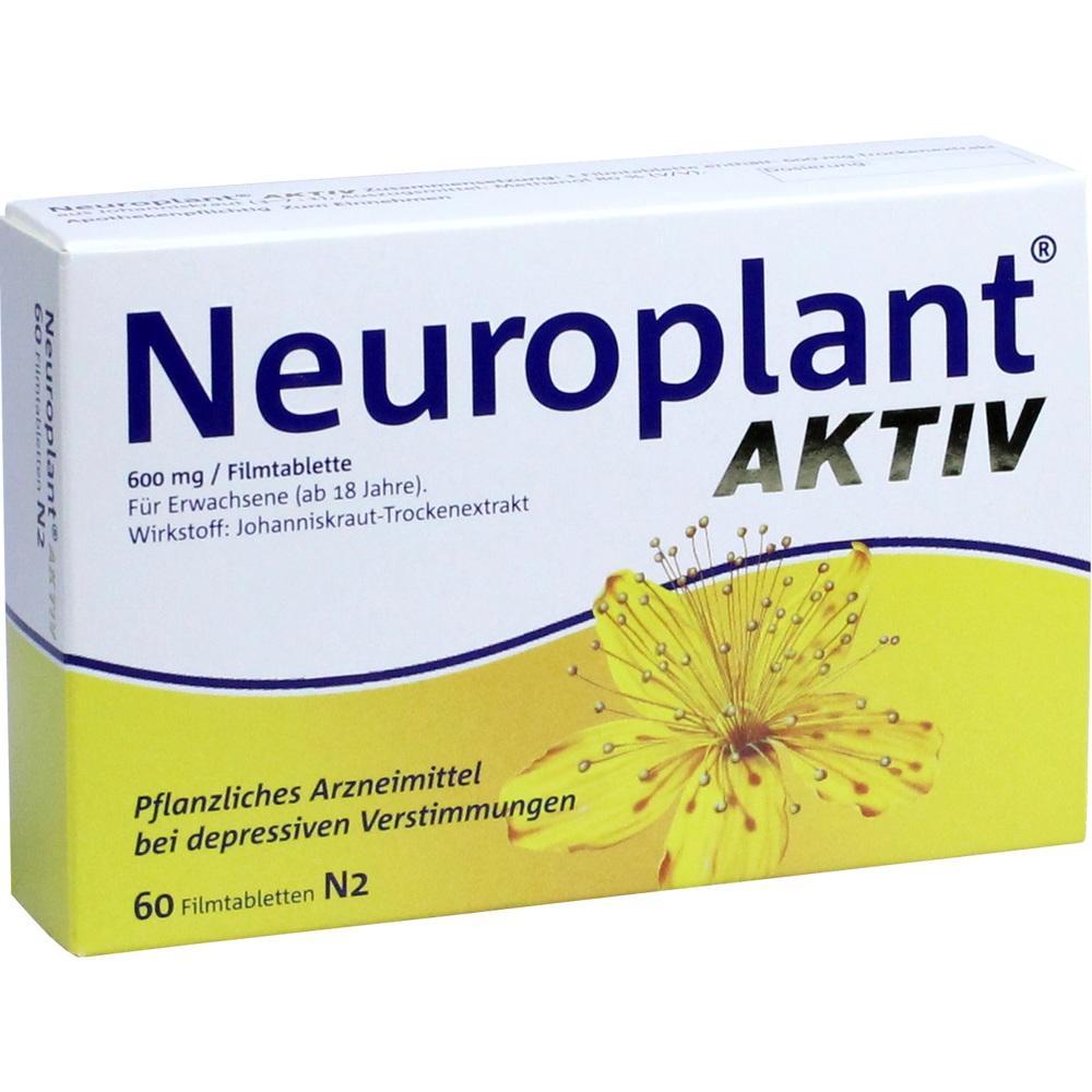 Eine Packung Neuroplant Aktiv Tabletten gegen depressive Verstimmungen mit Johanniskraut.