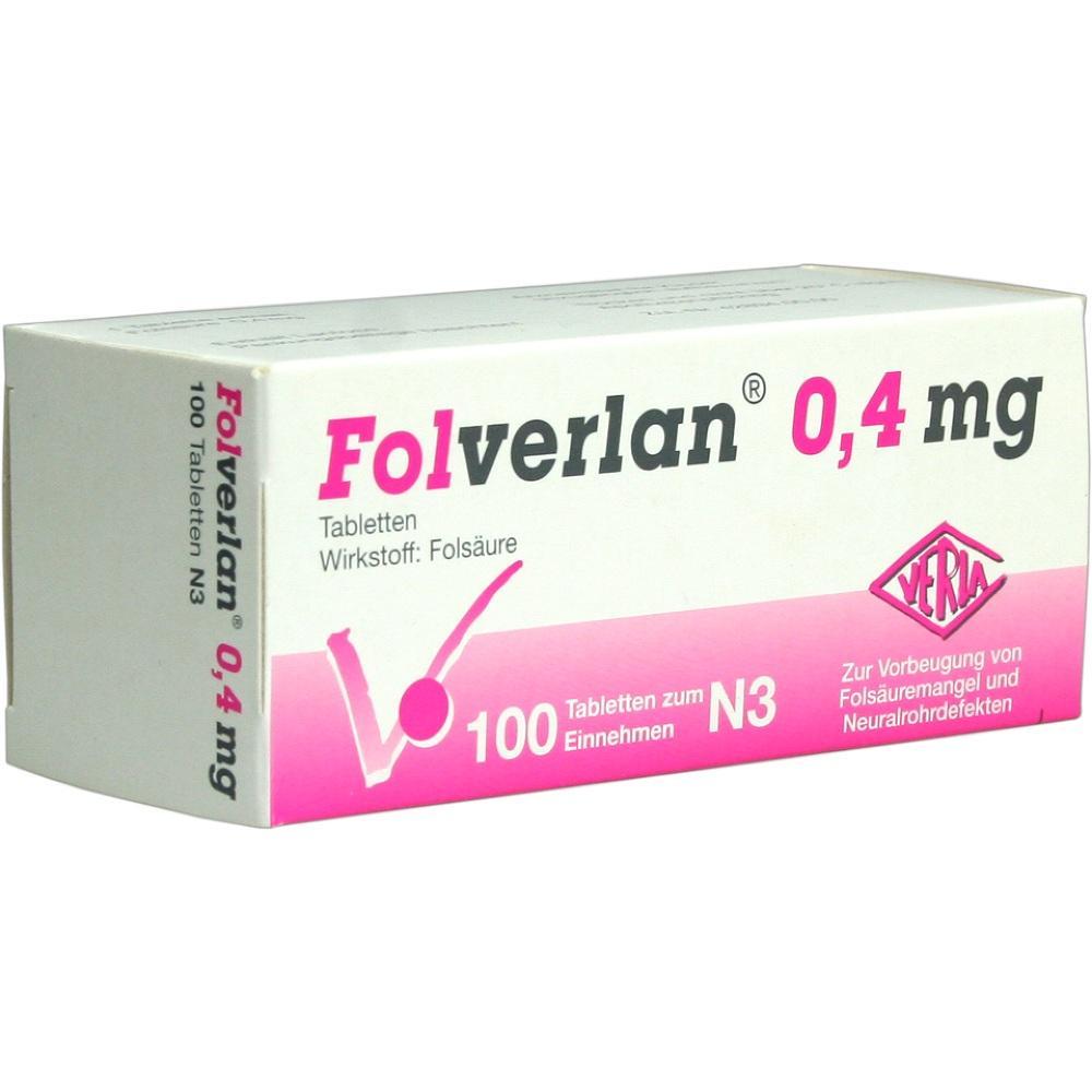 Wei&szlig;e und rosa Tablettenschachtel mit der Aufschrift "Folferlan 0,4 mg".