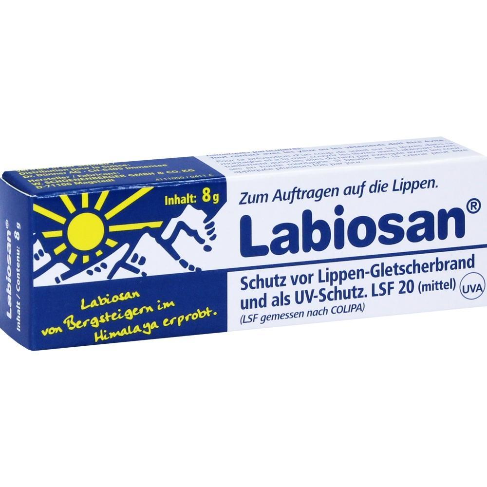 Eine Packung Labiosan-Lippenpflege mit Sonnenschutz und 8g Inhalt.
