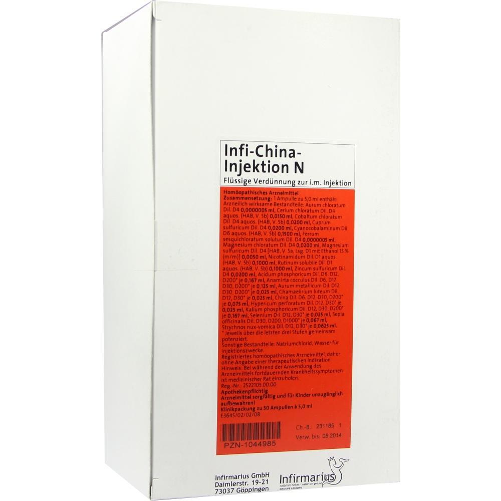 Eine weiße Verpackung mit rotem Etikett für homöopathische Injektionen.
