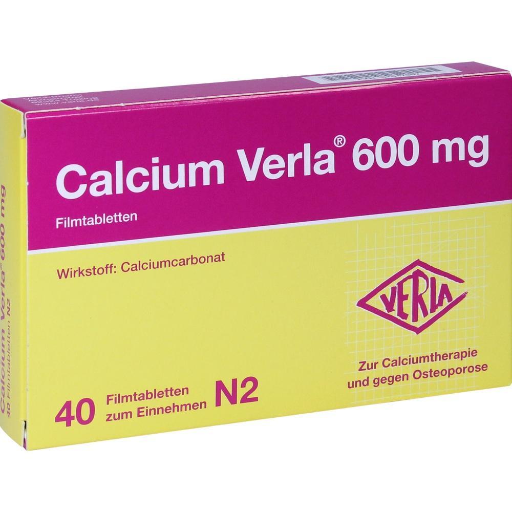 Gelbe Packung mit Calcium Verla 600 mg Filmtabletten gegen Osteoporose.