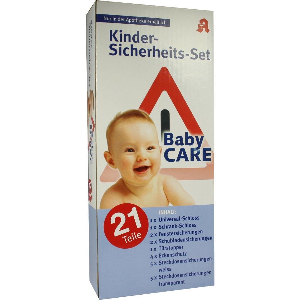 Auf dem Bild ist ein Kinder-Sicherheits-Set mit lächelndem Baby abgebildet.