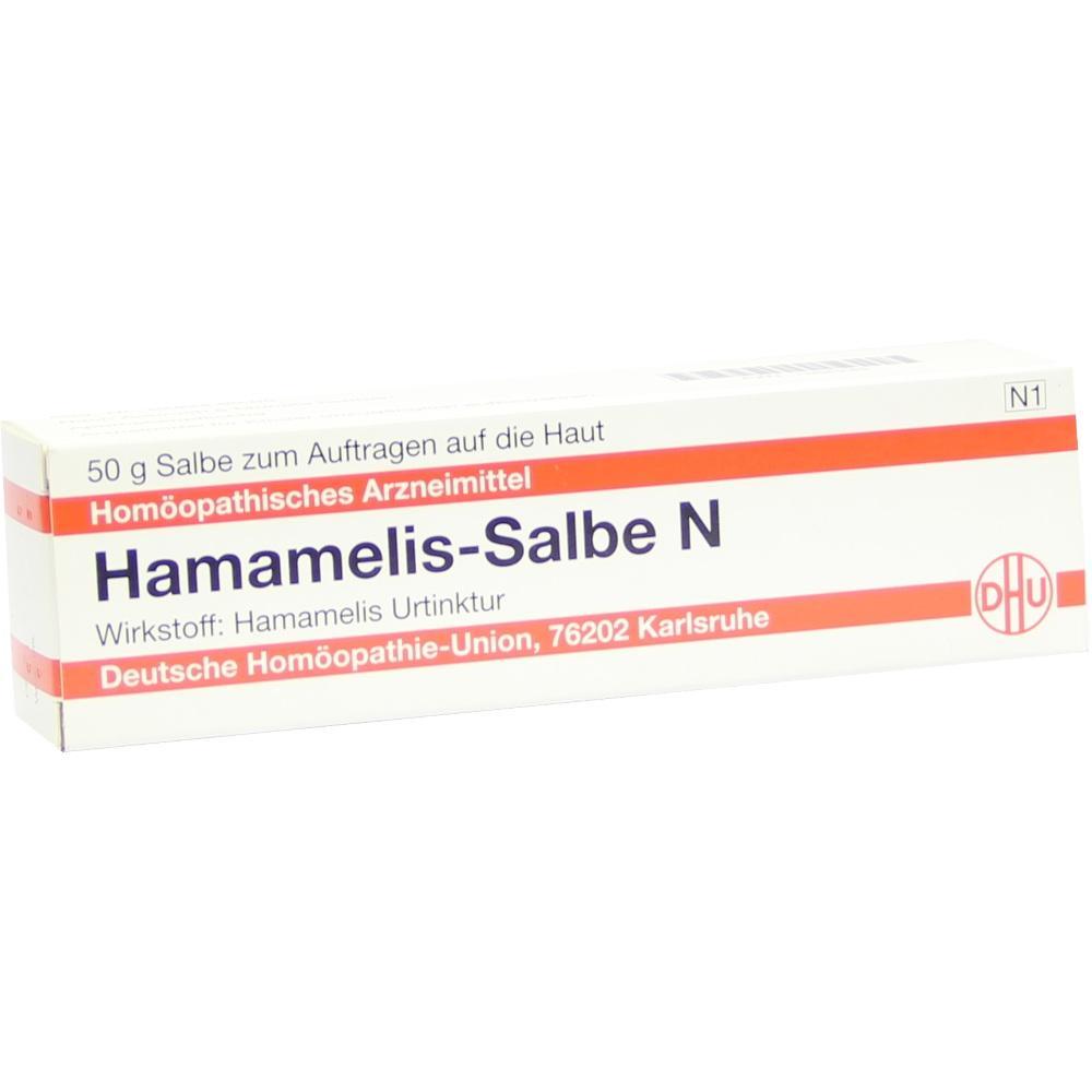 Eine weiße Tube mit roter Aufschrift "Hamamelis-Salbe N".