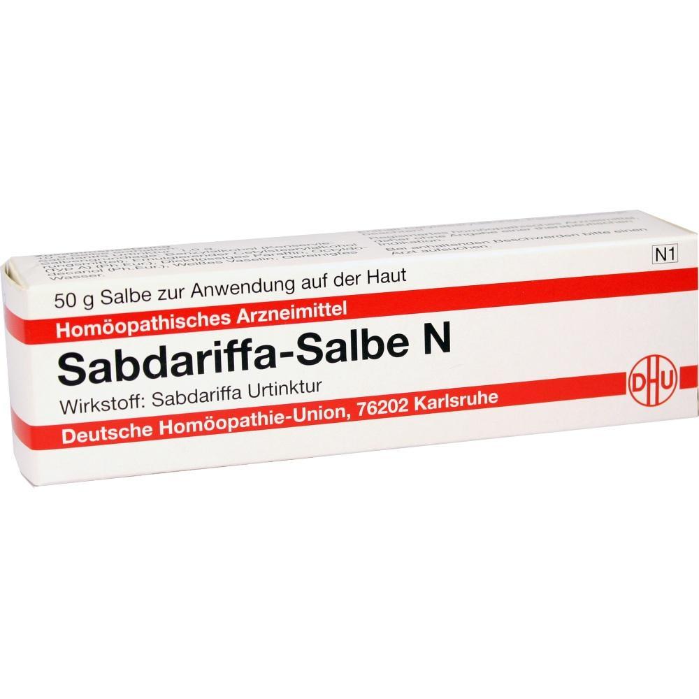Eine weiße Schachtel mit homöopathischer Sabdariffa-Salbe zur Hautanwendung.