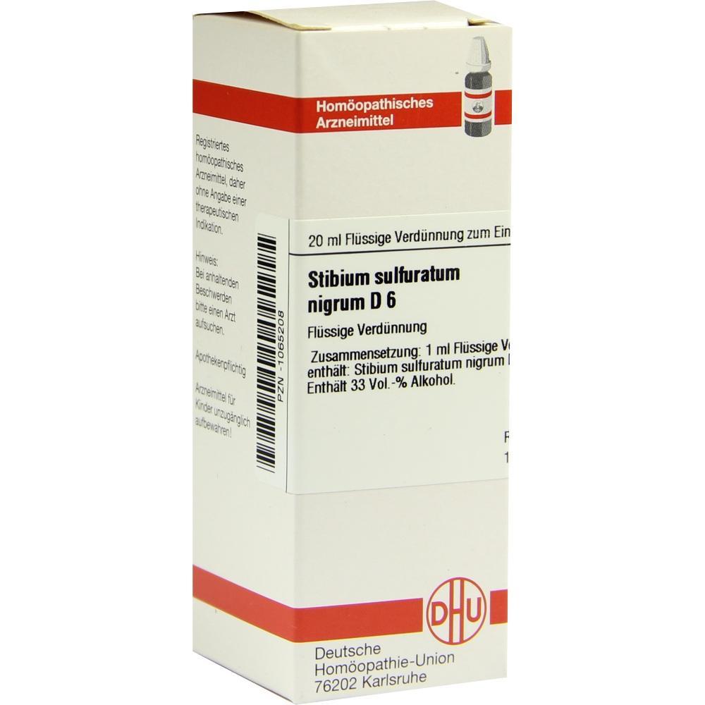 Weiße Schachtel mit homöopathischem Mittel namens Stibium sulfuratum nigrum D 6.