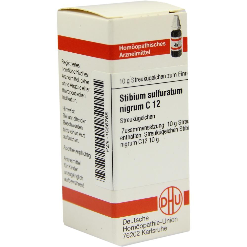 Eine weiße Verpackung für ein homöopathisches Arzneimittel namens Stibium sulfuratum nigrum C12.