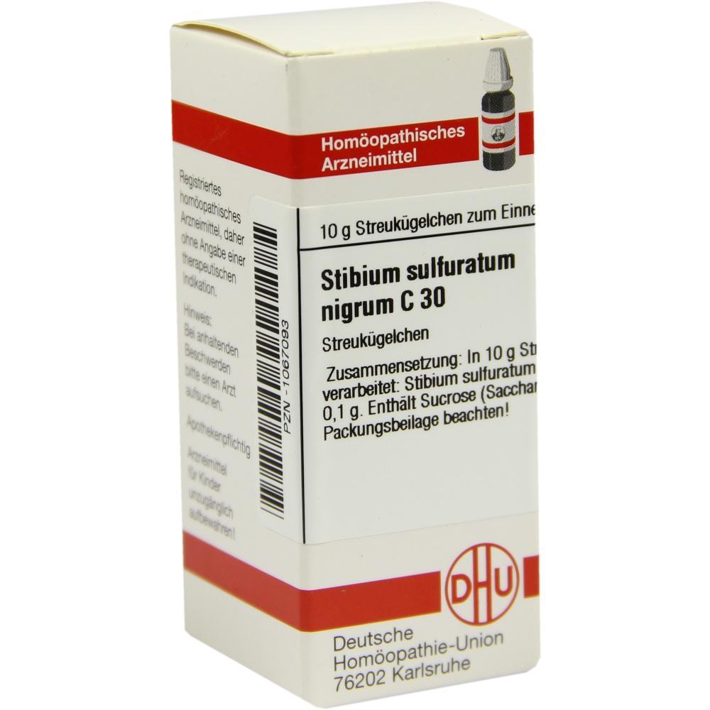 Weiße Box mit Aufschrift "Stibium sulfuratum nigrum C 30", homöopathisches Mittel.