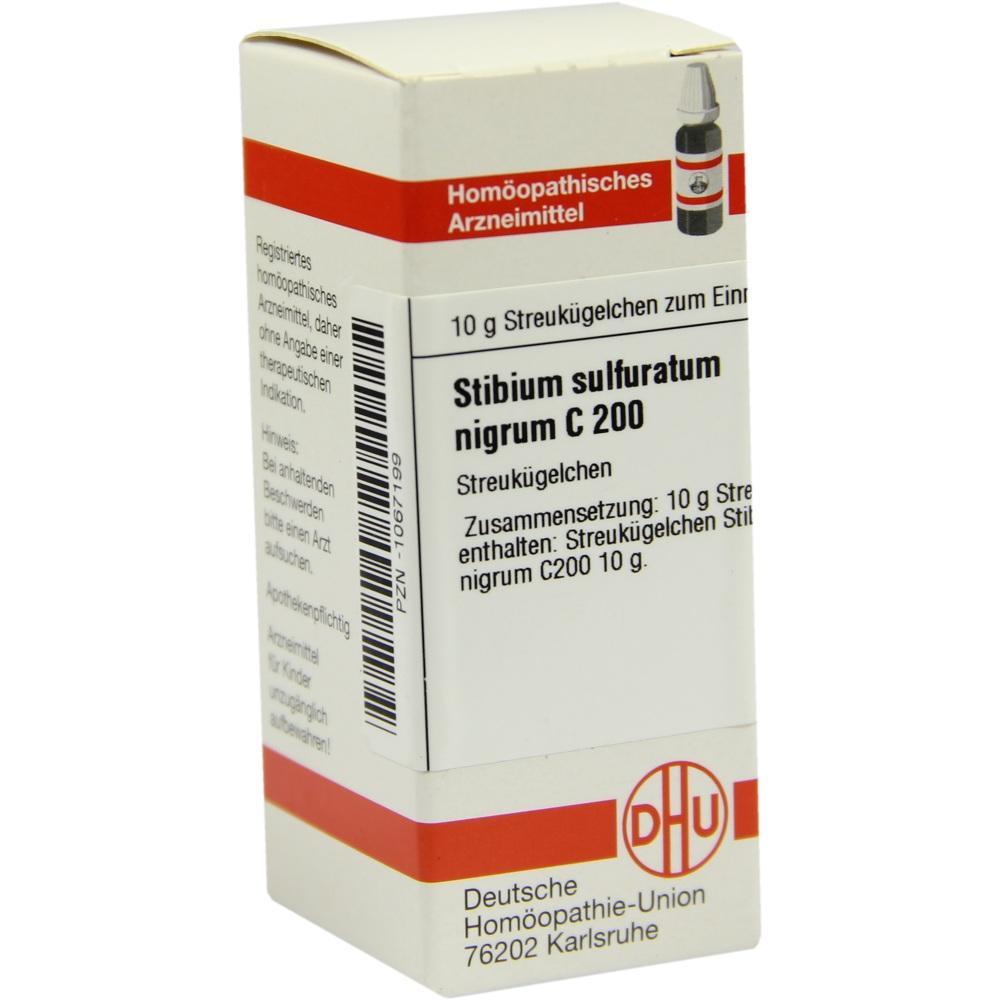 Eine Packung mit homöopathischen Streukügelchen namens "Stibium sulfuratum".
