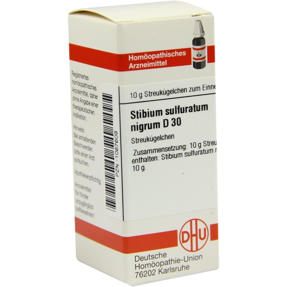 Packung eines homöopathischen Medikaments mit der Aufschrift "Stibium sulfuratum nigrum D 30".