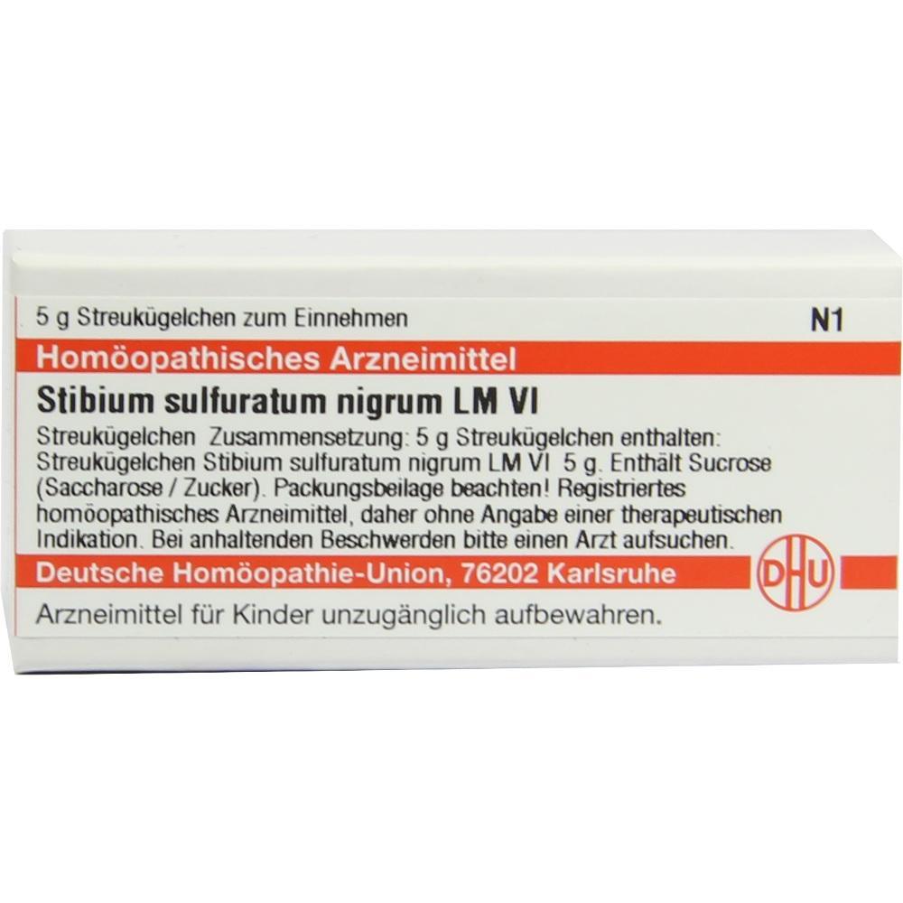 Die Verpackung zeigt ein homöopathisches Arzneimittel namens "Stibium sulfuratum nigrum LM VI".