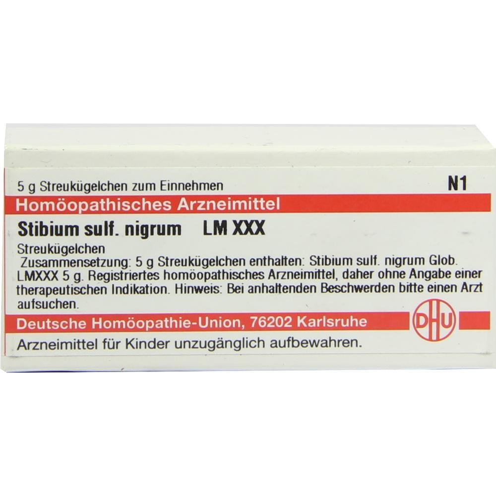 Eine Packung homöopathischer Streukügelchen mit dem Namen "Stibium sulf. nigrum".