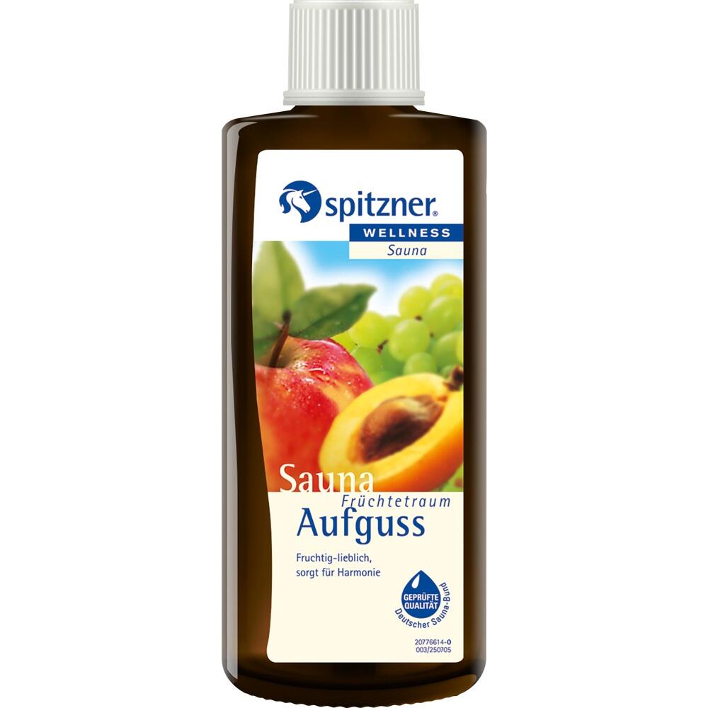 Braune Flasche mit Sauna-Aufguss, fruchtig duftend, mit Pfirsich und Traube.