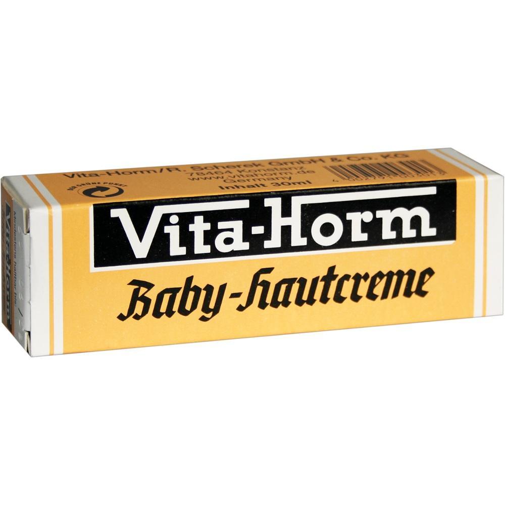 Gelbe Verpackung mit der Aufschrift "Vita-Horm Babyhautcreme".