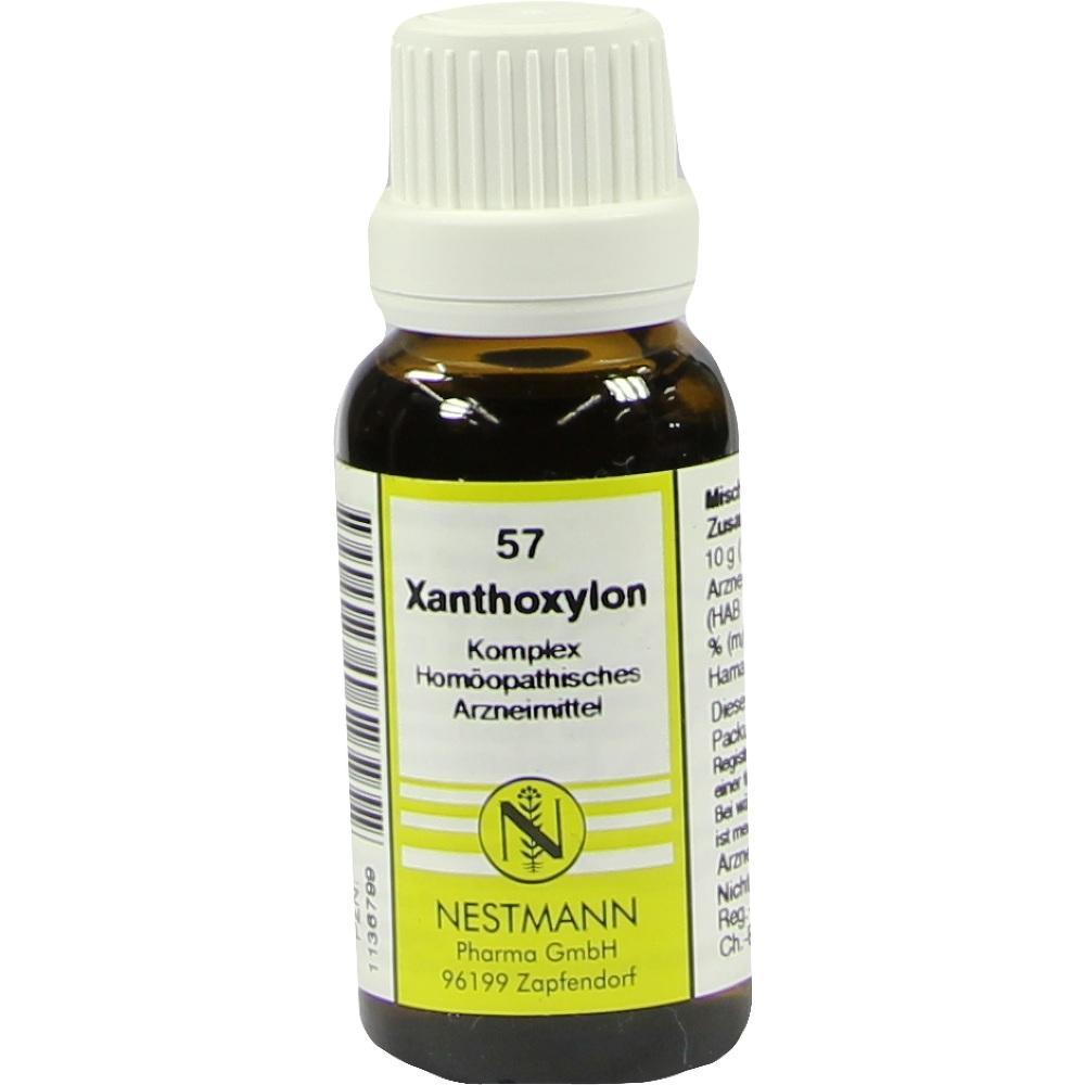 Eine braune Flasche mit homöopathischer Medizin namens Xanthoxylon.