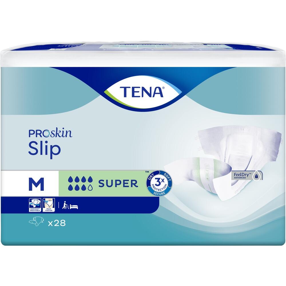 Verpackung von TENA ProSkin Slip Windeln in Größe M, 28 Stück, für extra Schutz.