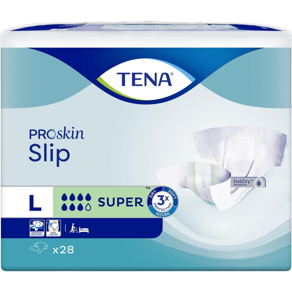 Verpackung von TENA Proskin Slip für Erwachsene, Größe L, 28 Stück.