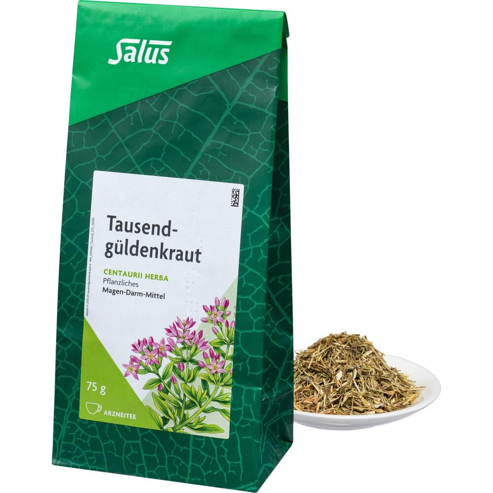 Gr&uuml;ne Teepackung von Tausendg&uuml;ldenkraut, daneben ein Teller mit getrocknetem Kraut.