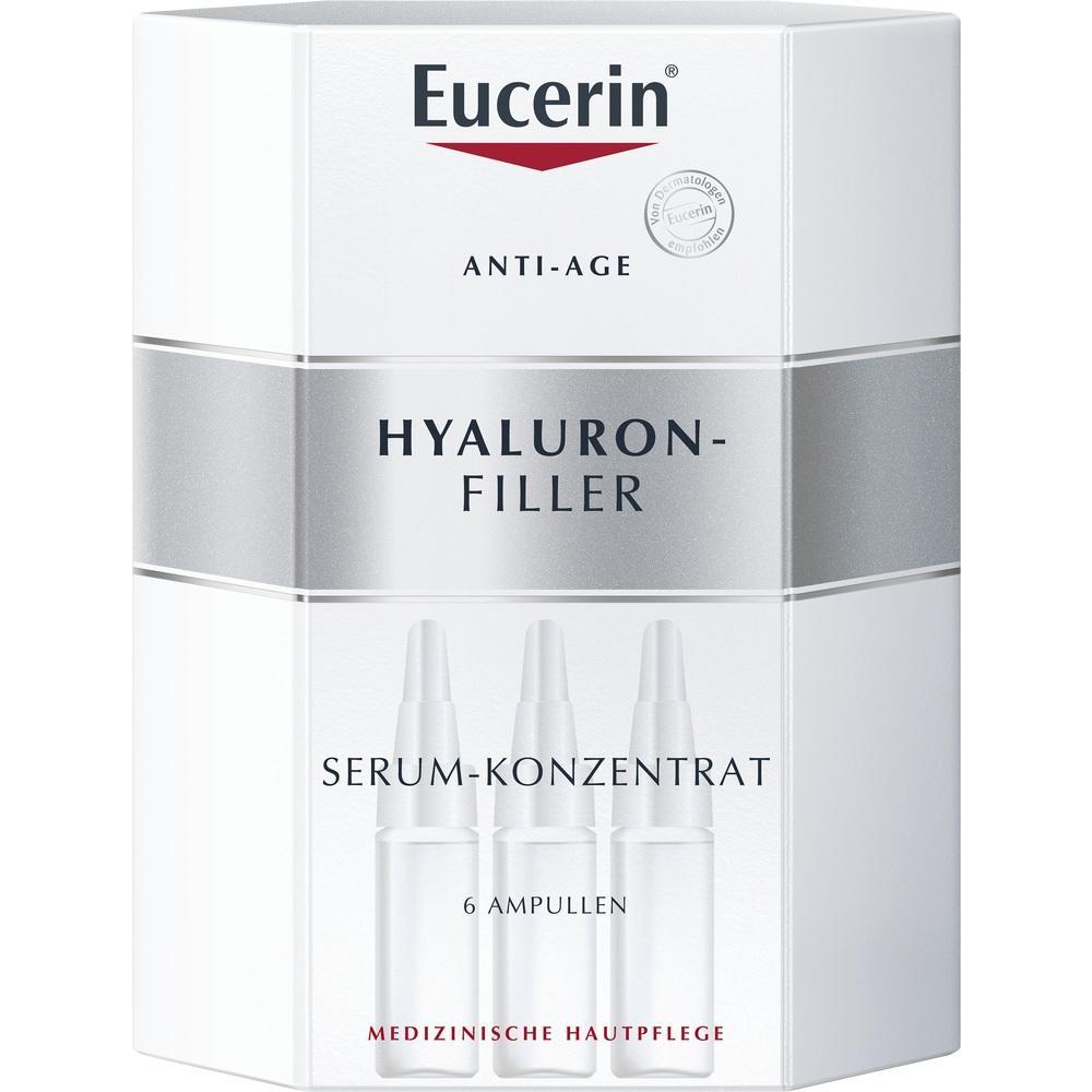 Eine Packung Eucerin Hyaluron-Filler Serum-Konzentrate für Anti-Aging-Hautpflege.
