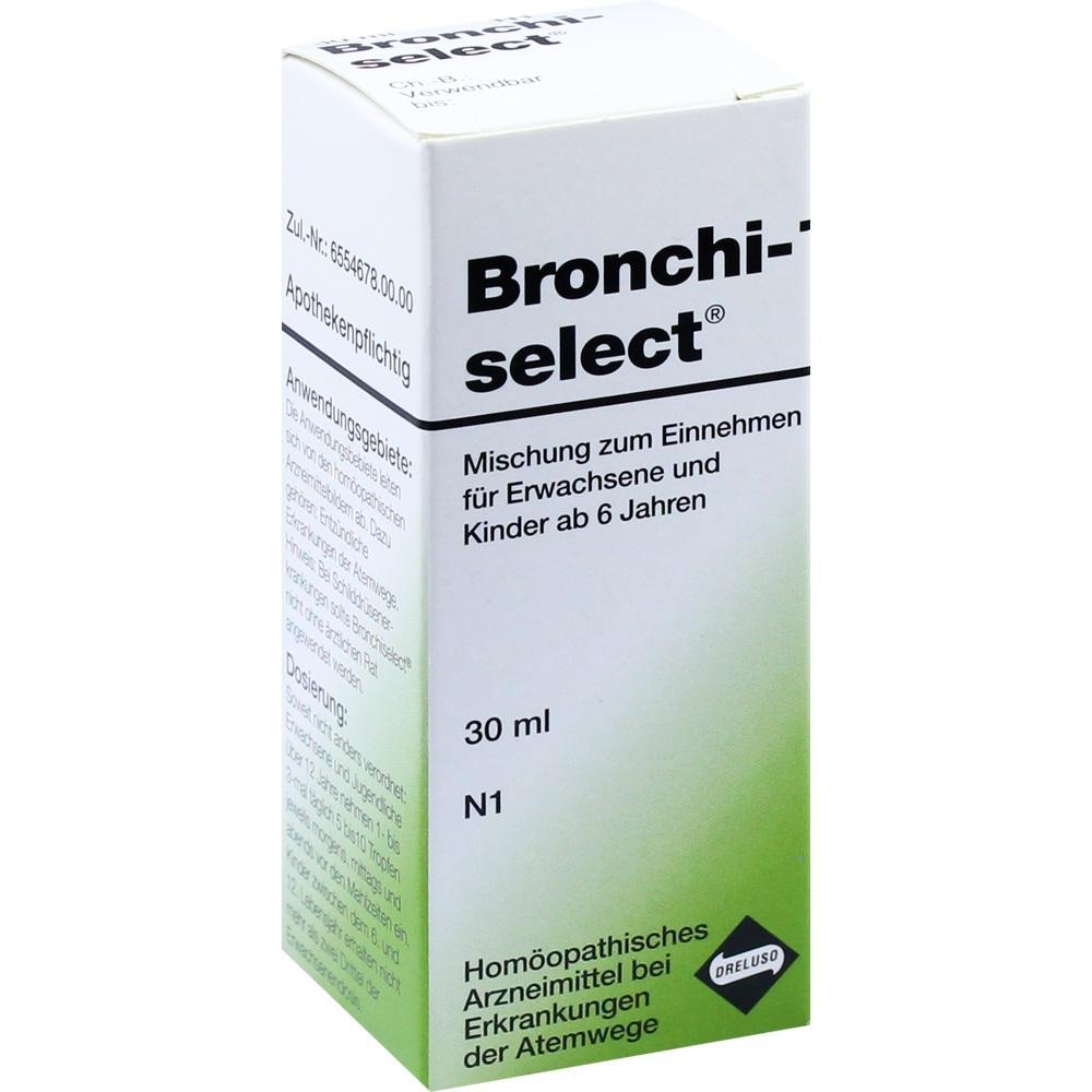 Wei&szlig;e und gr&uuml;ne Medikamentenverpackung mit Aufschrift &bdquo;Bronchi-select&ldquo;.