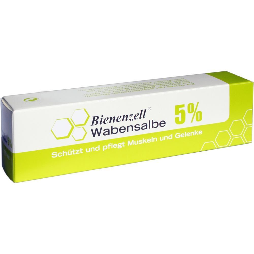 Wei&szlig;e und gr&uuml;ne Salbenverpackung mit der Aufschrift "Bienenzell Wabensalbe 5%".
