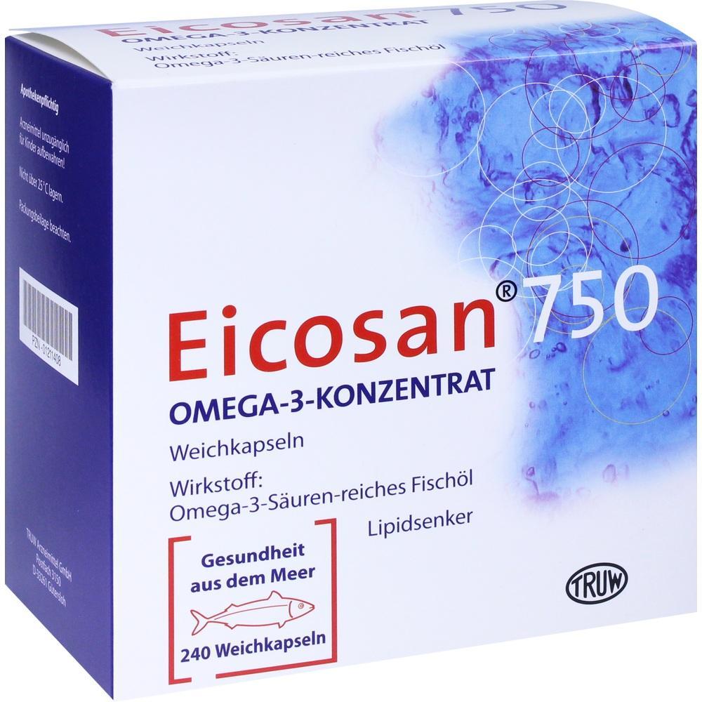 Packung mit Eicosan 750 Omega-3-Konzentrat Weichkapseln.