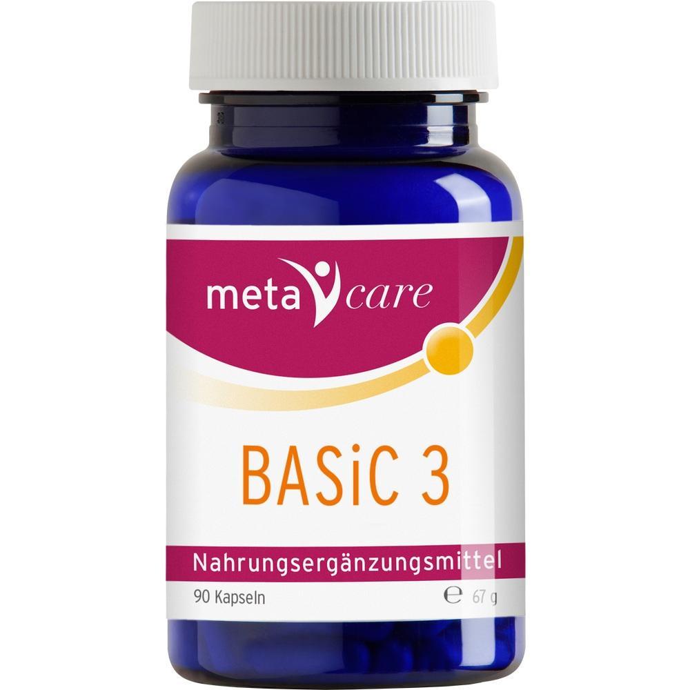 Eine blaue Flasche enth&auml;lt "Basic 3" Nahrungserg&auml;nzungsmittel mit 90 Kapseln.