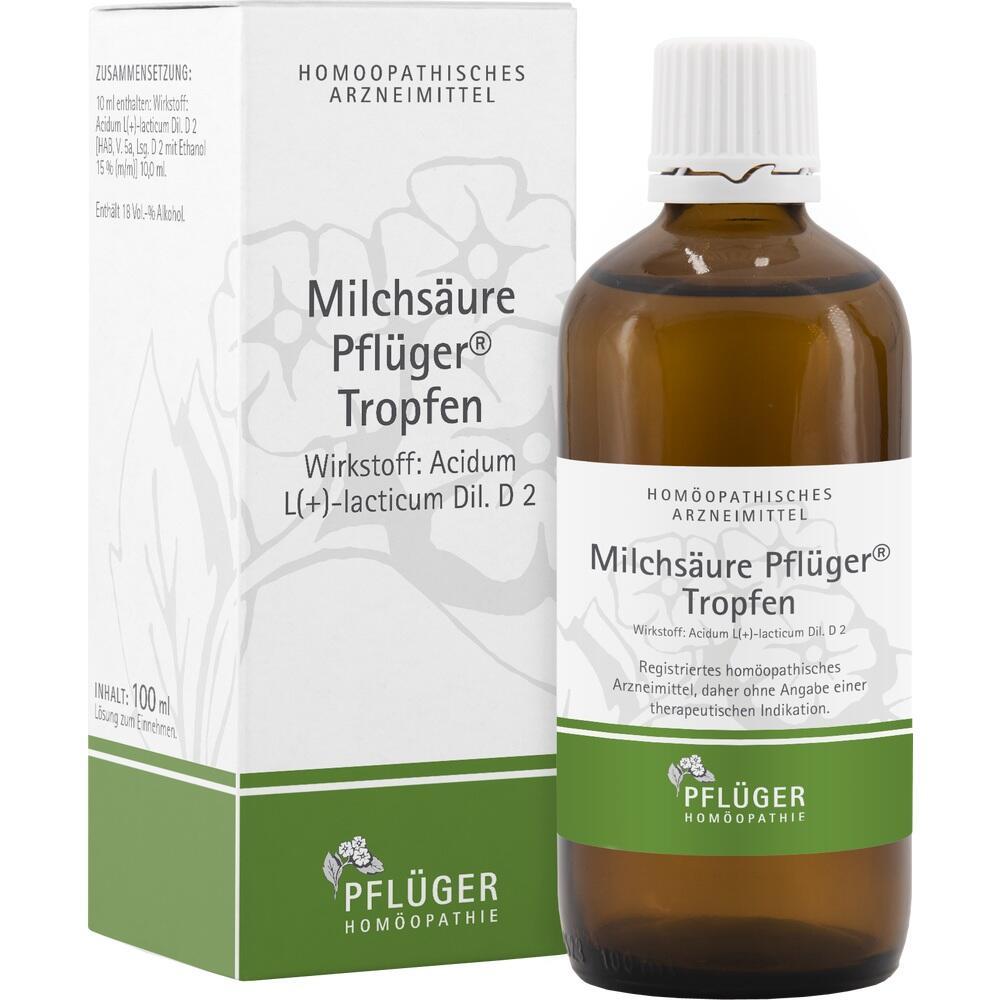 Braune Flasche mit Karton, enthält homöopathische Milchsäure-Tropfen von Pflüger.
