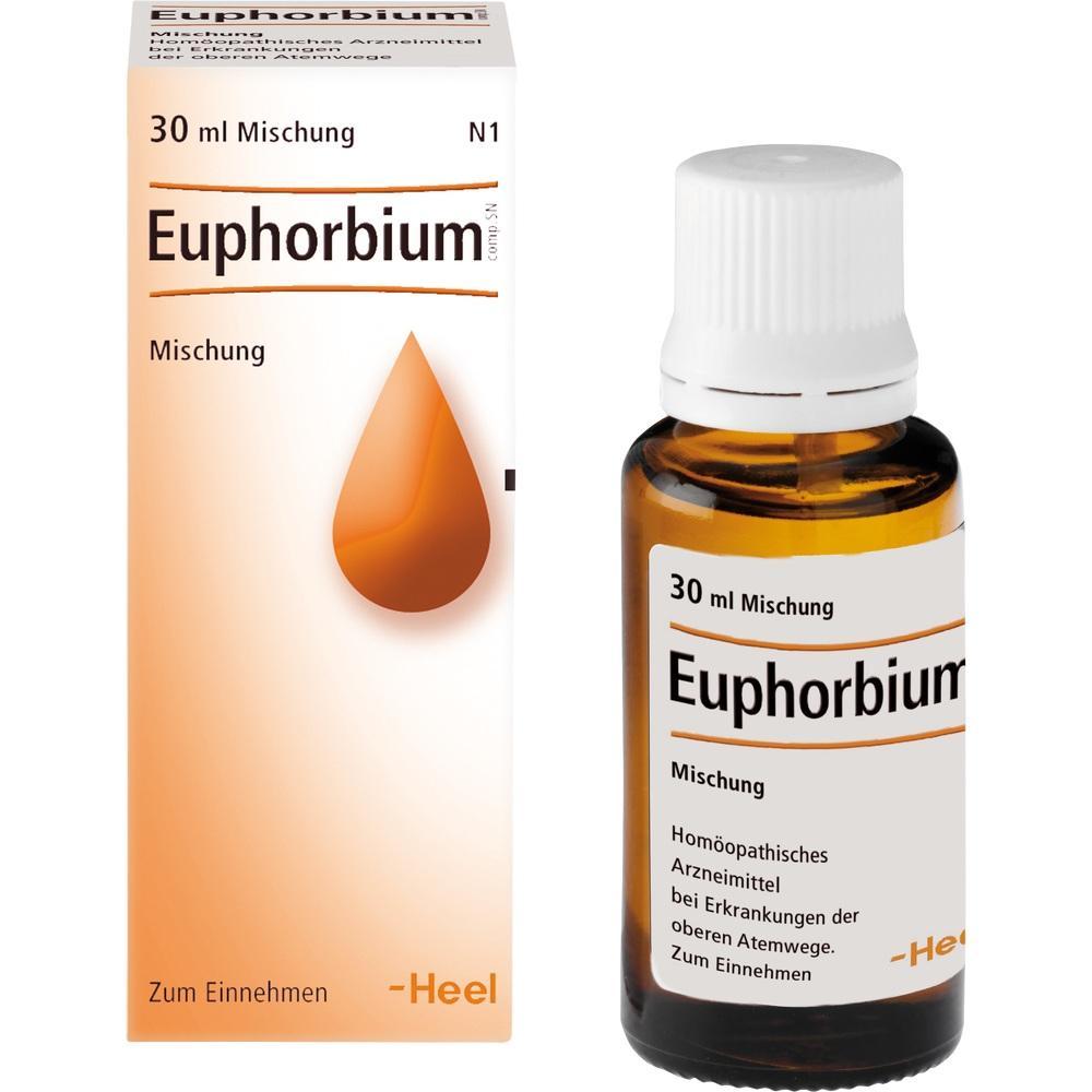 Braunes Fläschchen und weiße Verpackung mit der Aufschrift "Euphorbium Mischung".