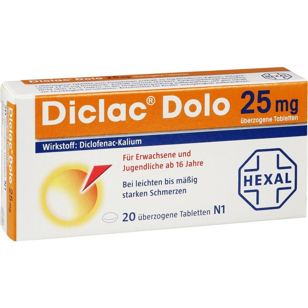Eine Schachtel Diclac Dolo Tabletten für Schmerzen ab 16 Jahren.