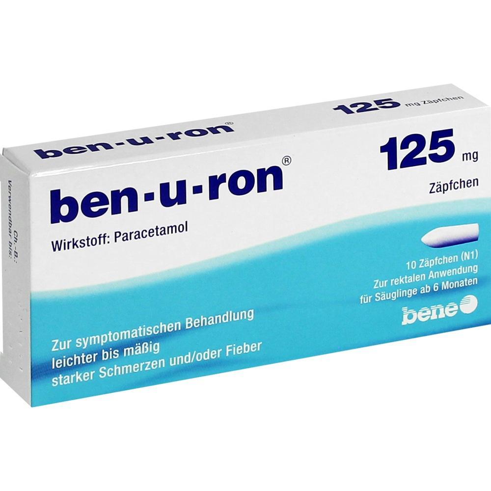 Eine Packung ben-u-ron Z&auml;pfchen mit Paracetamol, 125 mg f&uuml;r Kinder ab 6 Monaten.
