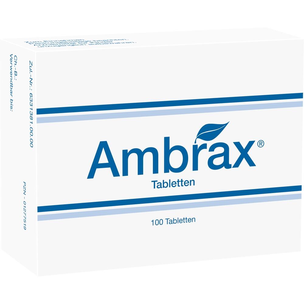Eine wei&szlig;e Medikamentenpackung mit der Aufschrift "AMBRAX" und blauen Wellenlinien.