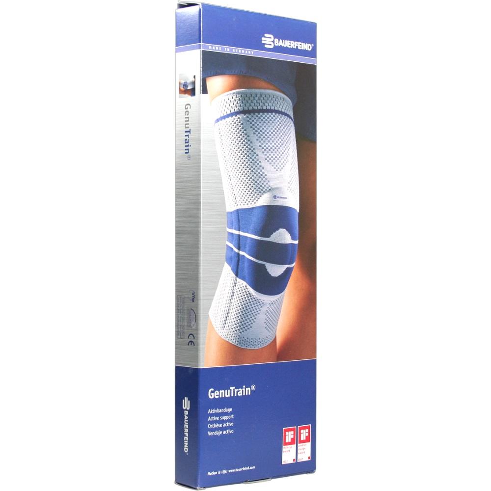 Verpackung einer Kniebandage mit blau-wei&szlig;em Design.