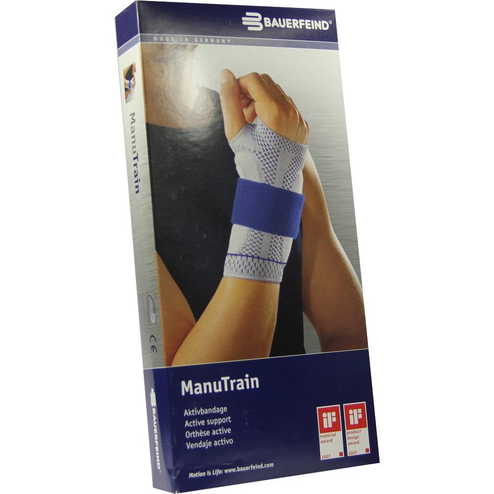 Verpackung mit einer Handgelenkbandage von Bauerfeind namens ManuTrain.