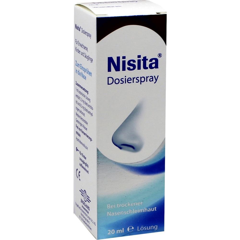 Eine weiße Sprühflasche Nisita Dosierspray für trockene Nasenschleimhaut.