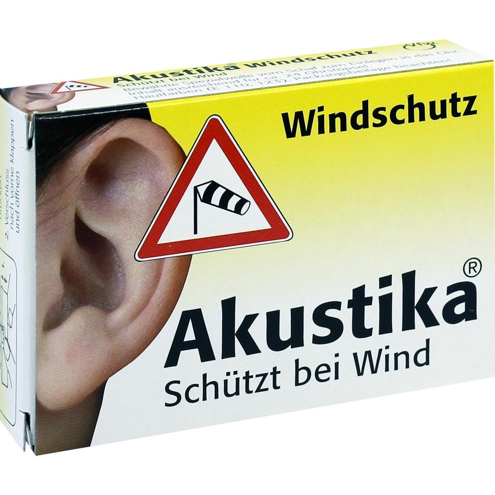 Verpackung mit Bild von einem Ohr und Symbol für Windschutz, Text "Akustika schützt bei Wind".