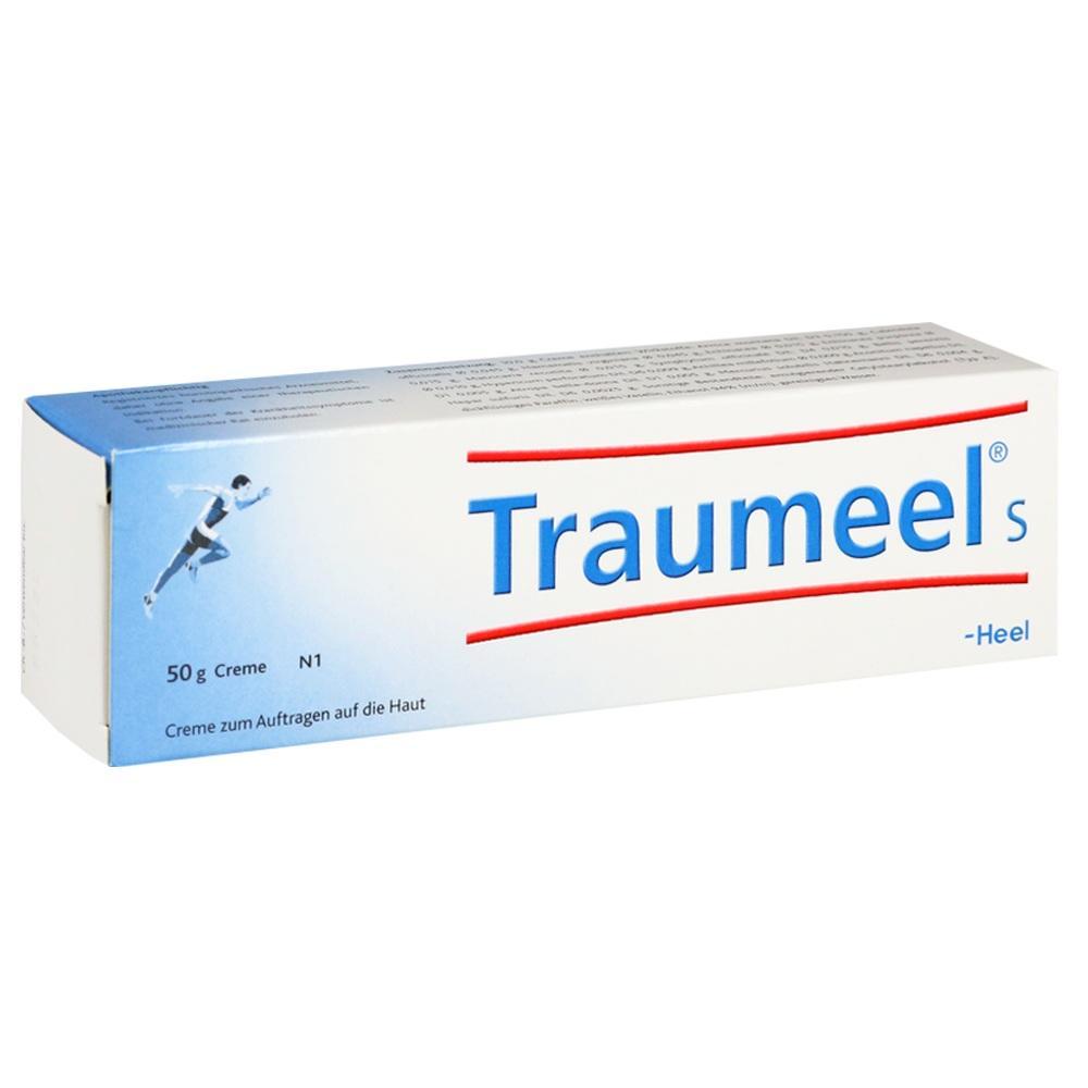 Eine wei&szlig;e Kartonpackung mit der Aufschrift "Traumeel s" und einem Bild eines L&auml;ufers.
