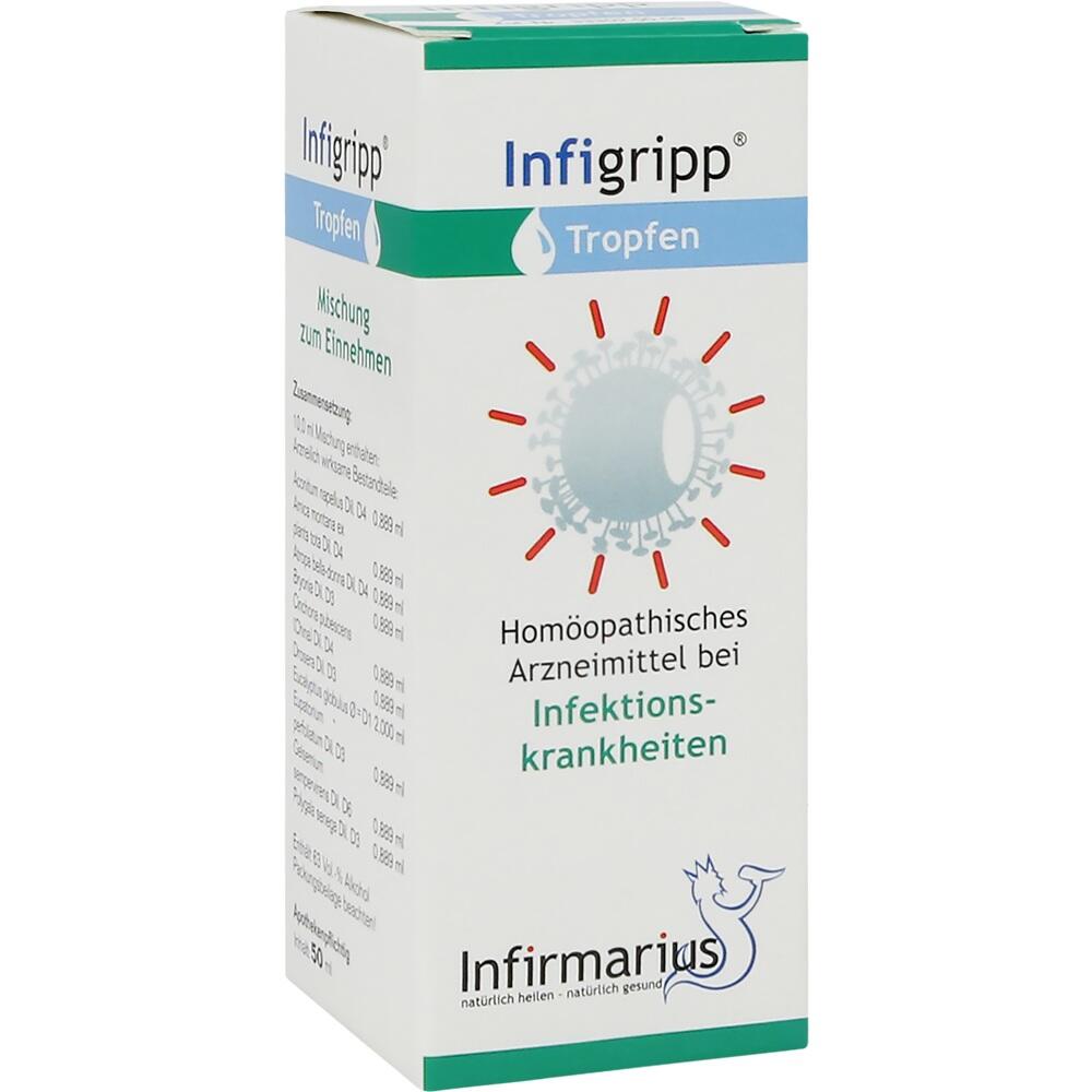 Schachtel mit homöopathischen Tropfen gegen Infektionskrankheiten.