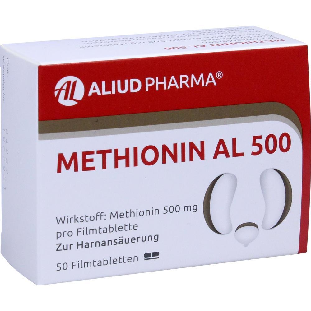 Eine Packung Methionin AL 500 Tabletten zur Harnans&auml;uerung.